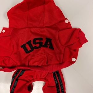 Red USA jogging suit red with black stripe worn to model only